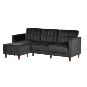 Modern Mid-Century Reversible L-Shaped Sectional Sleeper Sofa in Black Velvet