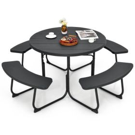 Black Outdoor Metal and HDPE Picnic Table Bench Set with Umbrella Hole - Seats 8