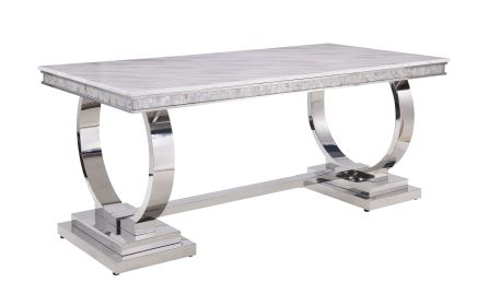 ACME Zander Dining Table, White Printed Faux Marble & Mirrored Silver Finish 68250