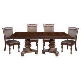 Traditional Style Dining Room Table w Leaf and 4x Side Chairs Dining 5pc Set Brown Cherry Finish Upholstered Seat Wooden Furniture