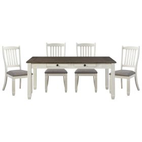 Antique White Finish Dining 5pc Set Table with 6x Drawers and 4x Side Chairs Upholstered Seats Casual Style Dining Room Furniture