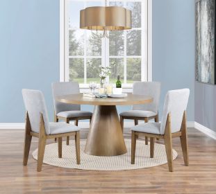 Delphine 5 Piece Round Oak Finish Dining Table Set with Gray Chairs