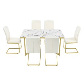 TREXM 7-Piece Modern Dining Table Set, Rectangular Marble Sticker Table and 6 PU Leather Chairs with Golden Steel Pipe Legs for Dining Room and Kitche