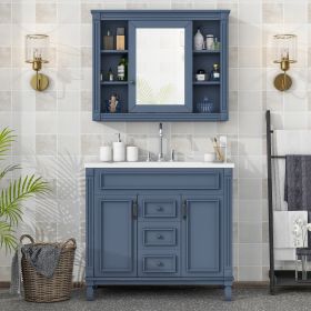 36'' Bathroom Vanity with Top Sink, Royal Blue Mirror Cabinet, Modern Bathroom Storage Cabinet with 2 Soft Closing Doors and 2 Drawers, Single Sink Ba