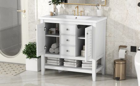 36" Bathroom Vanity with Ceramic Basin, Two Cabinets and Drawers, Open Shelf, Solid Wood Frame, White (OLD SKU: SY999101AAK)