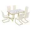 TREXM 7-Piece Modern Dining Table Set, Rectangular Marble Sticker Table and 6 PU Leather Chairs with Golden Steel Pipe Legs for Dining Room and Kitche