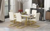 TREXM 7-Piece Modern Dining Table Set, Rectangular Marble Sticker Table and 6 PU Leather Chairs with Golden Steel Pipe Legs for Dining Room and Kitche