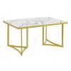 TREXM 7-Piece Modern Dining Table Set, Rectangular Marble Sticker Table and 6 PU Leather Chairs with Golden Steel Pipe Legs for Dining Room and Kitche