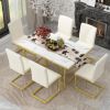 TREXM 7-Piece Modern Dining Table Set, Rectangular Marble Sticker Table and 6 PU Leather Chairs with Golden Steel Pipe Legs for Dining Room and Kitche