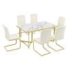 TREXM 7-Piece Modern Dining Table Set, Rectangular Marble Sticker Table and 6 PU Leather Chairs with Golden Steel Pipe Legs for Dining Room and Kitche