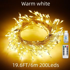 1pc; Fairy Lights Led Firecracker Lights 8 Twinkling Modes USB Remote With Timer Waterproof Cluster Starry String Lights (Color: Warm White, size: 19.6FT/6m 200LEDs)