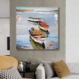 Hand Painted Oil Painting Canoe oil Paintings Nordic Seascape-Hand-Painted- Colorful Boats Oil Painting-Wall Art Handmade- For Home Decoration (Style: 01, size: 80x80cm)